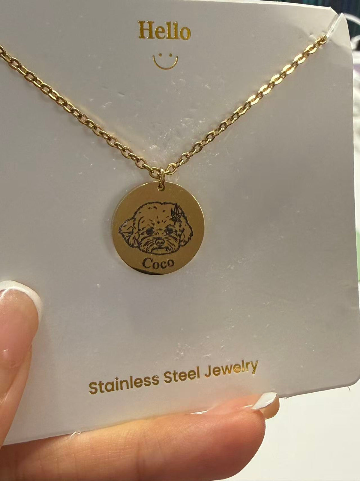 Original product photo: gold-tone necklace engraved with Coco's dog portrait