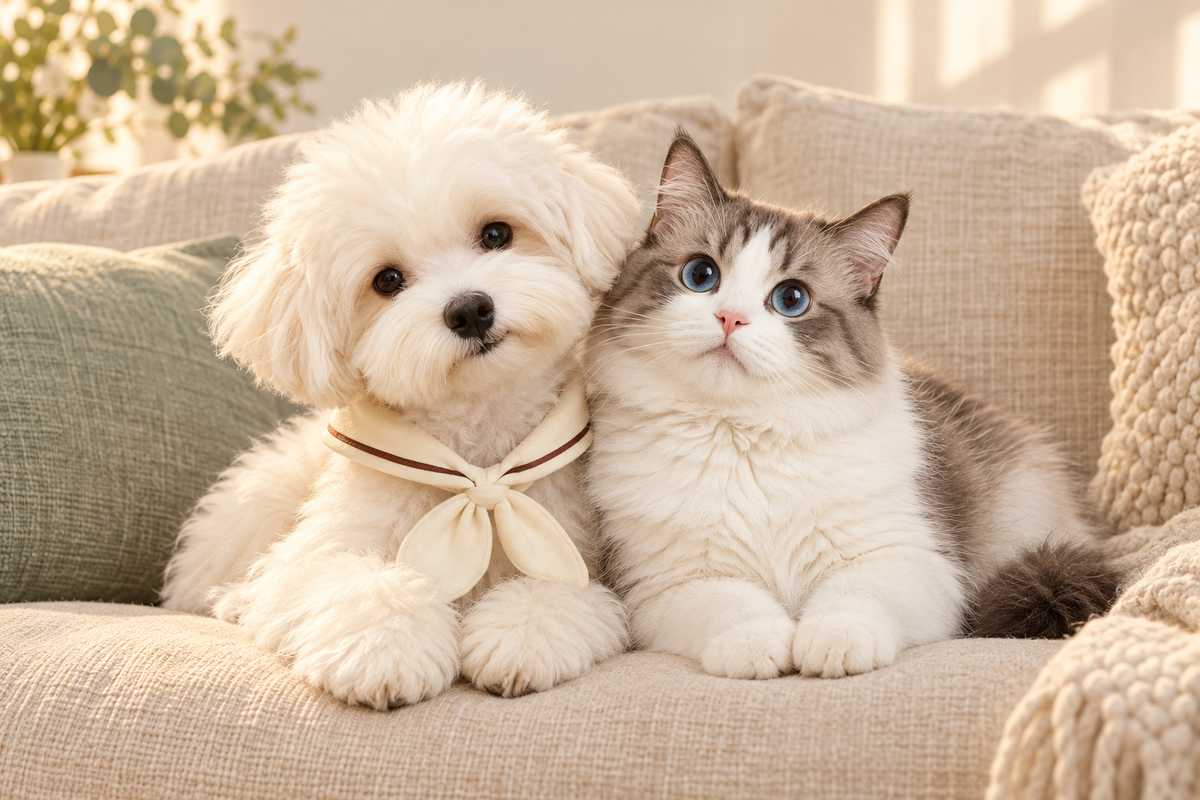 A fluffy white dog and blue-eyed cat resting close together in a warm, sunlit home
